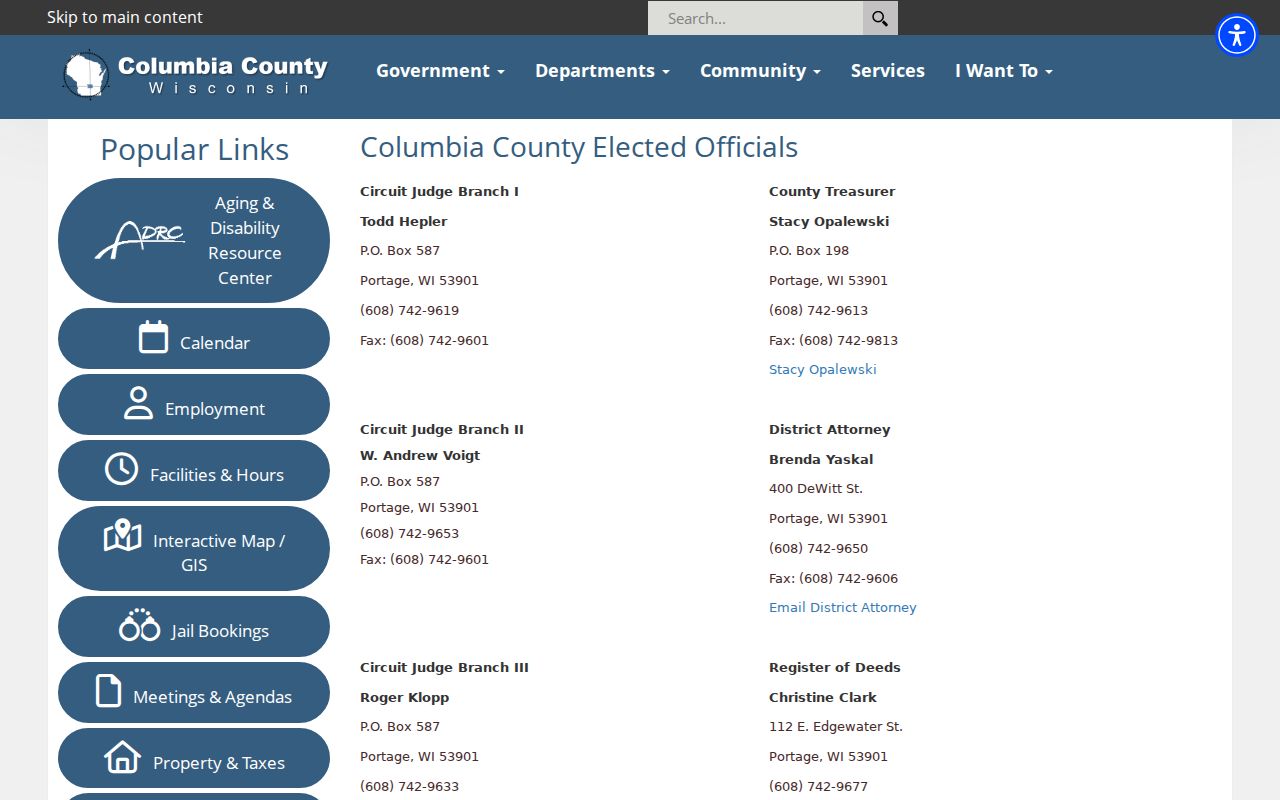 Columbia County arrest records and justice officials page