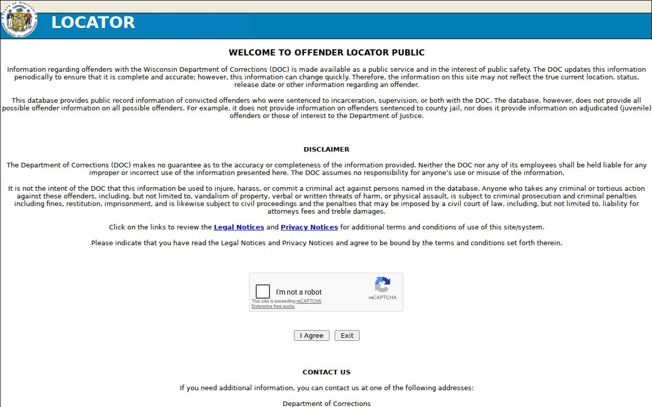 Columbia County criminal records Wisconsin DOC custody search