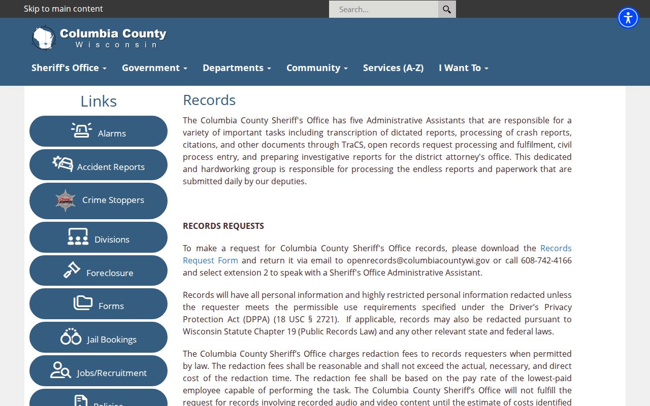 Columbia County criminal records sheriff public request form